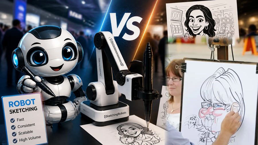 Robot Sketching Vs Traditional Artists: Which Is Better For Your High-Volume Event? caricature robots vs human caricature at event
